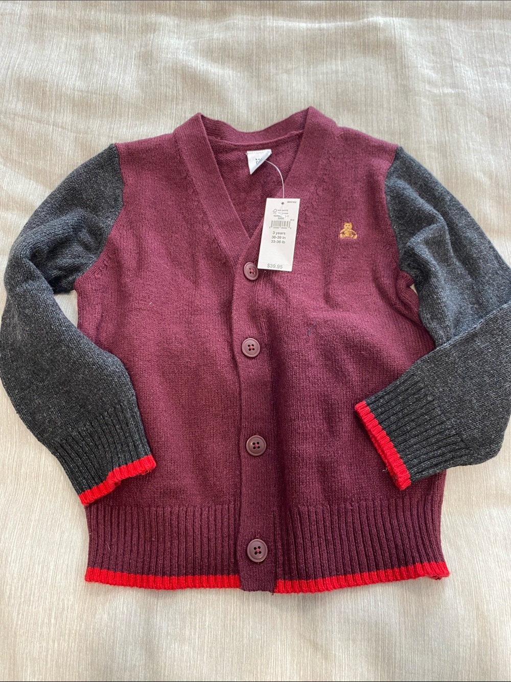 GAP Maroon & Charcoal Button-Front Cardigan with Red Trim
